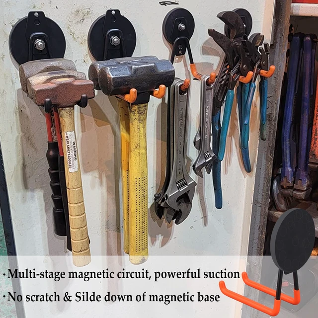 Alt view image 4 of 6 - Strong Magnetic Hooks,Large Magnet with Hooks for Heavy Duty Tools,Jig Saw,Hose, 4 Pack Heavy Duty Magnetic Hooks for Hammer Drill,Circular Saw,Garden Tool(3.46inch/Orange)