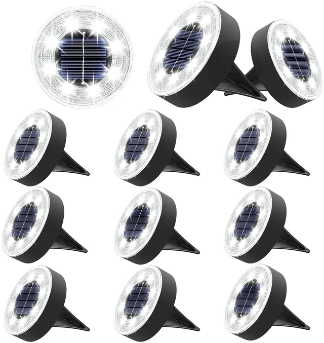 Main image of 12 Pack 3.4inch Solar Ground Lights Outdoor Waterproof, White 8LED Solar Powered Garden Lights Disc Landscape Pathway Lights for Patio Lawn Yard Driveway Walkway