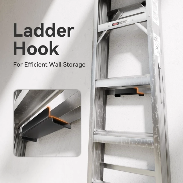 Alt view image 2 of 7 - Ladder Hooks for Garage Wall, 4 Pack Heavy Duty Wall Mount Storage Hanger for Ladders, Chairs & Patio Furniture, Fits Step & Extension Ladders, Garage Organization