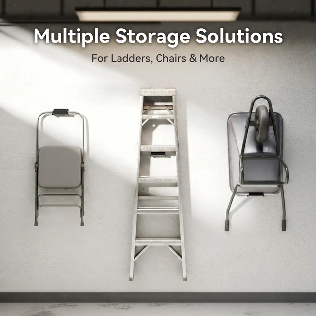 Alt view image 3 of 7 - Ladder Hooks for Garage Wall, 4 Pack Heavy Duty Wall Mount Storage Hanger for Ladders, Chairs & Patio Furniture, Fits Step & Extension Ladders, Garage Organization