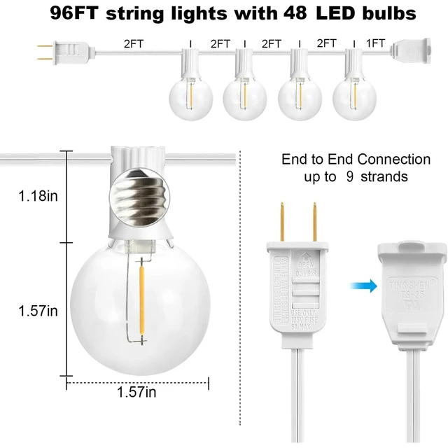 Alt view image 2 of 7 - 97FT White Outdoor String Lights with 49 G40 LED Bulbs (1 Spare) Waterproof & Shatterproof Patio Lights, Connectable Hanging Lights for Yard, Porch, Deck, Garden & Pergola