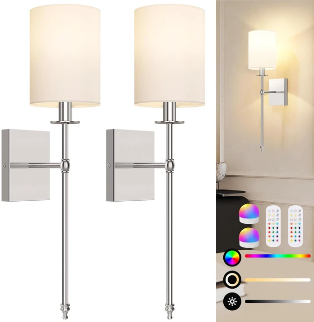 Main image of 24 Inch Battery Operated Wall Sconces Set of 2 with Remote, Brushed Nickel Rechargeable Wireless Wall Lights with White Fabric Shade, Cordless Wall Lamps with Dimmable Detachable Bulbs for Bedroom