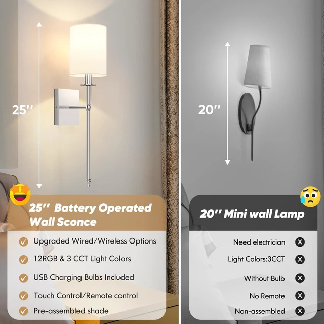 Alt view image 4 of 7 - 24 Inch Battery Operated Wall Sconces Set of 2 with Remote, Brushed Nickel Rechargeable Wireless Wall Lights with White Fabric Shade, Cordless Wall Lamps with Dimmable Detachable Bulbs for Bedroom