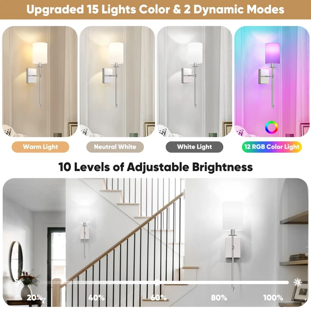 Alt view image 5 of 7 - 24 Inch Battery Operated Wall Sconces Set of 2 with Remote, Brushed Nickel Rechargeable Wireless Wall Lights with White Fabric Shade, Cordless Wall Lamps with Dimmable Detachable Bulbs for Bedroom
