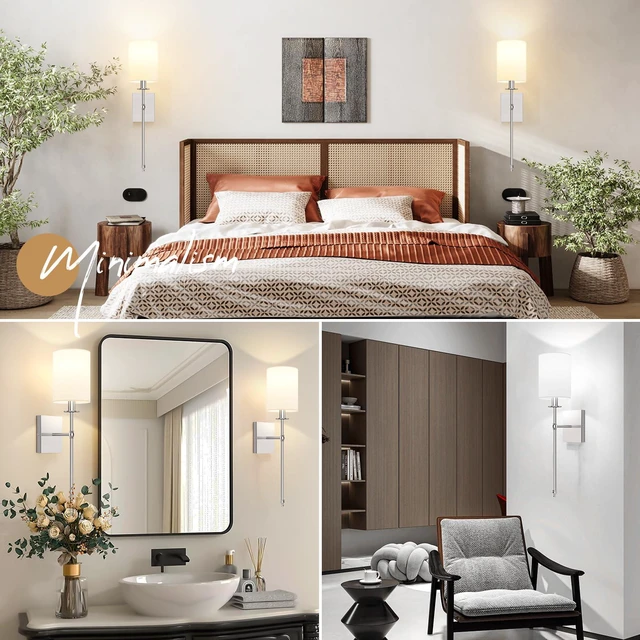 Alt view image 2 of 7 - 24 Inch Battery Operated Wall Sconces Set of 2 with Remote, Brushed Nickel Rechargeable Wireless Wall Lights with White Fabric Shade, Cordless Wall Lamps with Dimmable Detachable Bulbs for Bedroom