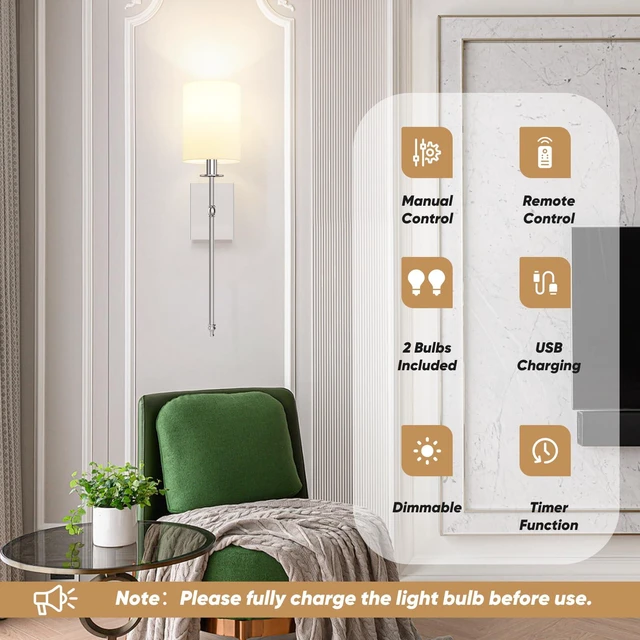 Alt view image 7 of 7 - 24 Inch Battery Operated Wall Sconces Set of 2 with Remote, Brushed Nickel Rechargeable Wireless Wall Lights with White Fabric Shade, Cordless Wall Lamps with Dimmable Detachable Bulbs for Bedroom