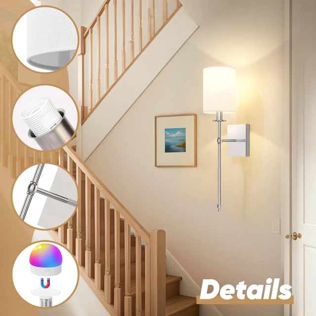 Alt view image 6 of 7 - 24 Inch Battery Operated Wall Sconces Set of 2 with Remote, Brushed Nickel Rechargeable Wireless Wall Lights with White Fabric Shade, Cordless Wall Lamps with Dimmable Detachable Bulbs for Bedroom