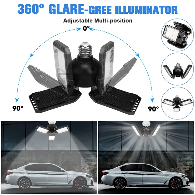 Alt view image 2 of 7 - LED Garage Lights for Garage LED Bay Lighting, E26/E27, 4 Pack 3+1 Deformable Panels, Shop Barn Light Garage Ceiling Lights Bulb for Basement Warehouse Shop, 80W, 8000LM 6500K