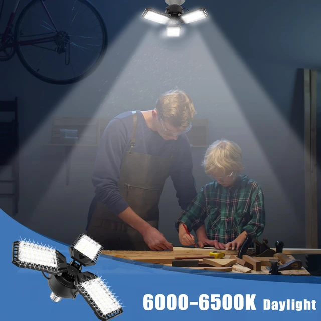Alt view image 6 of 7 - LED Garage Lights for Garage LED Bay Lighting, E26/E27, 4 Pack 3+1 Deformable Panels, Shop Barn Light Garage Ceiling Lights Bulb for Basement Warehouse Shop, 80W, 8000LM 6500K