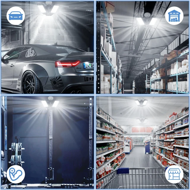 Alt view image 7 of 7 - LED Garage Lights for Garage LED Bay Lighting, E26/E27, 4 Pack 3+1 Deformable Panels, Shop Barn Light Garage Ceiling Lights Bulb for Basement Warehouse Shop, 80W, 8000LM 6500K