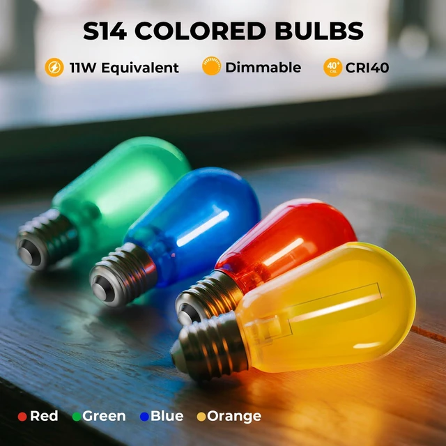 Alt view image 4 of 7 - 24 Pack S14 Colored LED String Light Bulbs, 1W Plastic Shatterproof Replacement Bulbs for Outdoor Patio Backyard Lights, E26 Medium Base, Warm White 2200K, Dimmable, Red/Green/Blue/Orange
