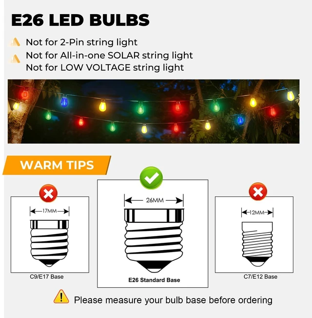 Alt view image 3 of 7 - 24 Pack S14 Colored LED String Light Bulbs, 1W Plastic Shatterproof Replacement Bulbs for Outdoor Patio Backyard Lights, E26 Medium Base, Warm White 2200K, Dimmable, Red/Green/Blue/Orange
