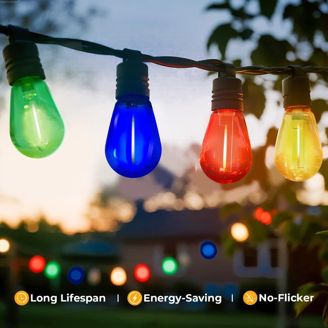 Alt view image 2 of 7 - 24 Pack S14 Colored LED String Light Bulbs, 1W Plastic Shatterproof Replacement Bulbs for Outdoor Patio Backyard Lights, E26 Medium Base, Warm White 2200K, Dimmable, Red/Green/Blue/Orange