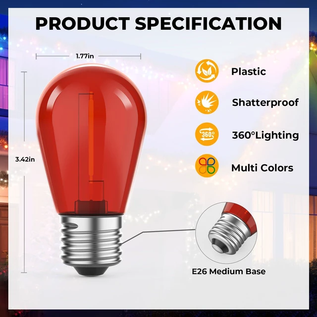 Alt view image 5 of 7 - 24 Pack S14 Colored LED String Light Bulbs, 1W Plastic Shatterproof Replacement Bulbs for Outdoor Patio Backyard Lights, E26 Medium Base, Warm White 2200K, Dimmable, Red/Green/Blue/Orange