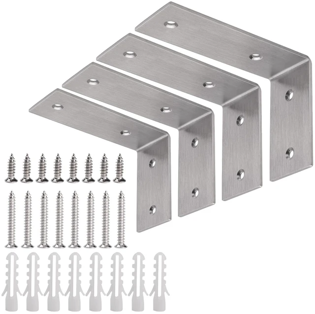 Main image of Heavy Duty L Brackets, 5×3×1.8 in Shelf Brackets, Brushed Nickel 3mm Thick Stainless Steel, 55 LB Load Capacity, Wide Support Design, Easy Installation, Includes Hardware, 4 Pack