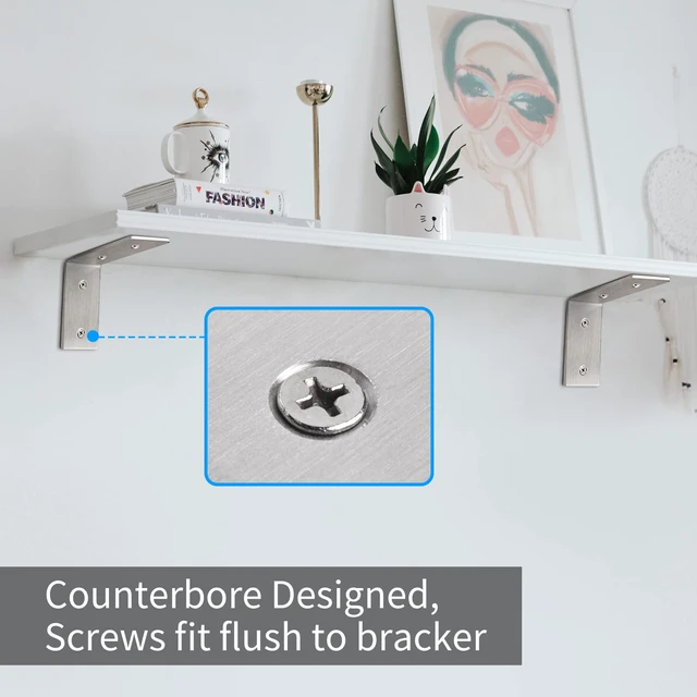 Alt view image 3 of 6 - Heavy Duty L Brackets, 5×3×1.8 in Shelf Brackets, Brushed Nickel 3mm Thick Stainless Steel, 55 LB Load Capacity, Wide Support Design, Easy Installation, Includes Hardware, 4 Pack