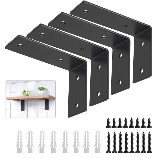 Main image of Heavy Duty L Brackets, 5 x 3 x 1.8 Inch Shelf Brackets, Black 3mm Thick Stainless Steel, 55 LB Load Capacity, Wall Mounted, Floating Shelf Support, Includes Hardware, 4 Pack