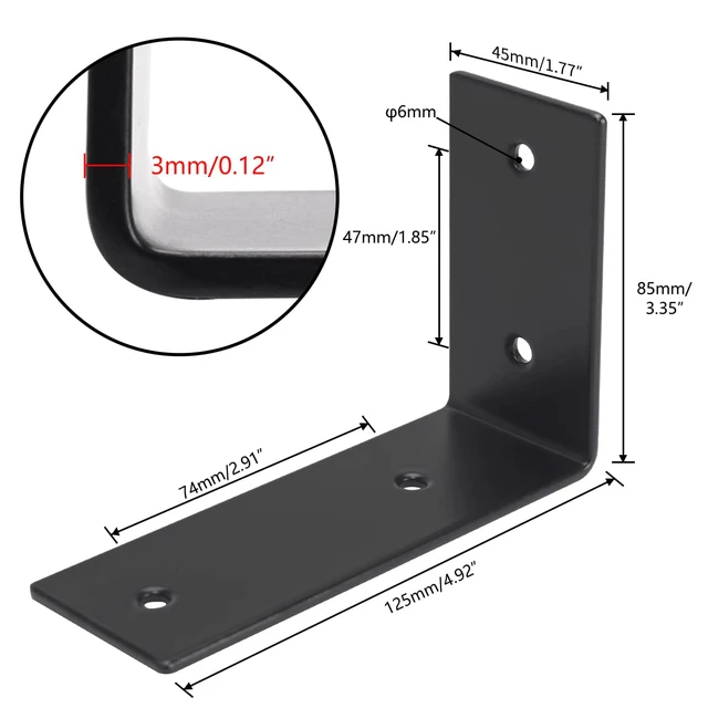 Alt view image 3 of 7 - Heavy Duty L Brackets, 5 x 3 x 1.8 Inch Shelf Brackets, Black 3mm Thick Stainless Steel, 55 LB Load Capacity, Wall Mounted, Floating Shelf Support, Includes Hardware, 4 Pack