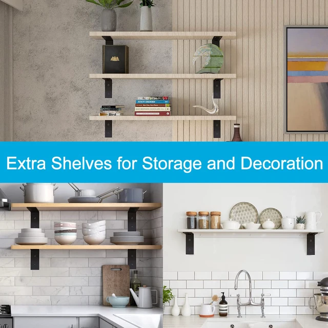 Alt view image 2 of 7 - Heavy Duty L Brackets, 5 x 3 x 1.8 Inch Shelf Brackets, Black 3mm Thick Stainless Steel, 55 LB Load Capacity, Wall Mounted, Floating Shelf Support, Includes Hardware, 4 Pack
