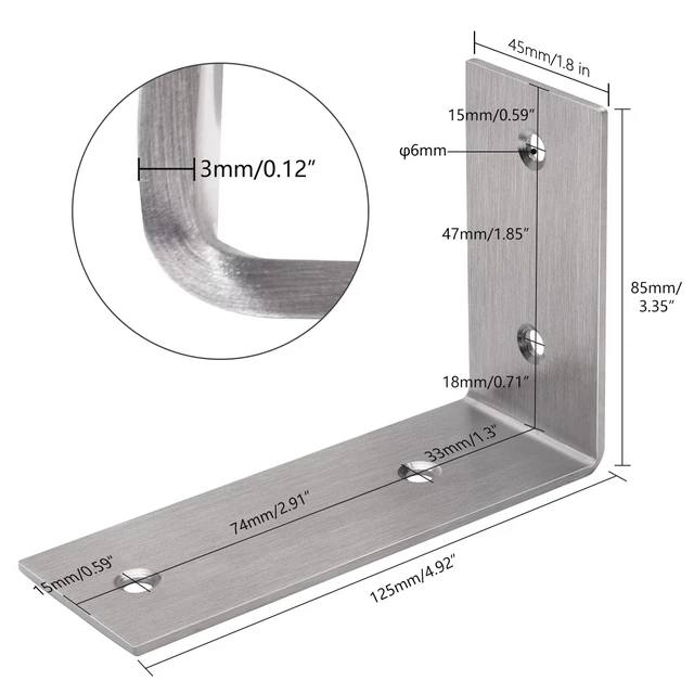 Alt view image 2 of 6 - Heavy Duty L Brackets, 5×3×1.8 in Shelf Brackets, Brushed Nickel 3mm Thick Stainless Steel, 55 LB Load Capacity, Wide Support Design, Easy Installation, Includes Hardware, 4 Pack