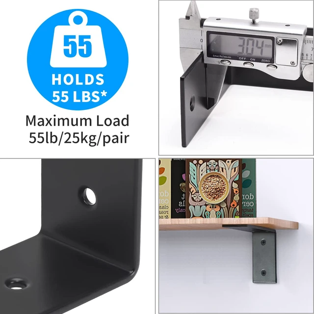 Alt view image 5 of 7 - Heavy Duty L Brackets, 5 x 3 x 1.8 Inch Shelf Brackets, Black 3mm Thick Stainless Steel, 55 LB Load Capacity, Wall Mounted, Floating Shelf Support, Includes Hardware, 4 Pack