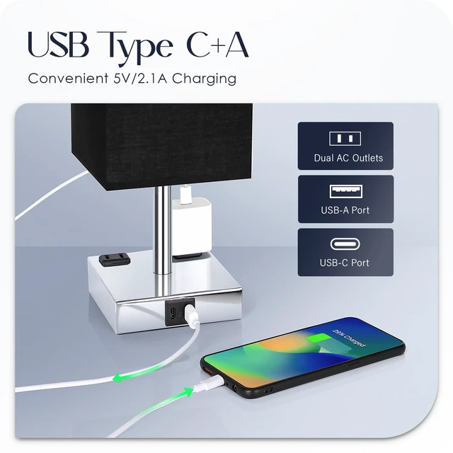 Alt view image 3 of 7 - Bedside Lamp with USB Ports - Touch Control Table Lamp for Bedroom with USB C+A Charging Ports & AC Outlets, 3 Way Dimmable Nightstand Light for Living Room (Bulb Included, Black)