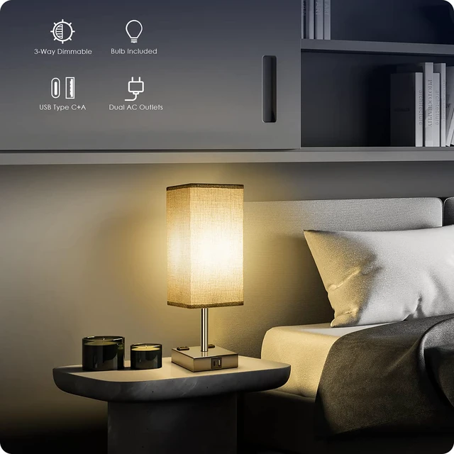 Alt view image 2 of 7 - Bedside Lamp with USB Ports - Touch Control Table Lamp for Bedroom with USB C+A Charging Ports & AC Outlets, 3 Way Dimmable Nightstand Light for Living Room (LED Bulb Included, Chrome - Grey)