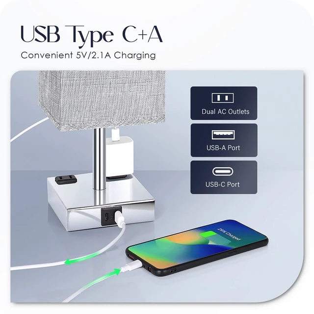 Alt view image 3 of 7 - Bedside Lamp with USB Ports - Touch Control Table Lamp for Bedroom with USB C+A Charging Ports & AC Outlets, 3 Way Dimmable Nightstand Light for Living Room (LED Bulb Included, Chrome - Grey)