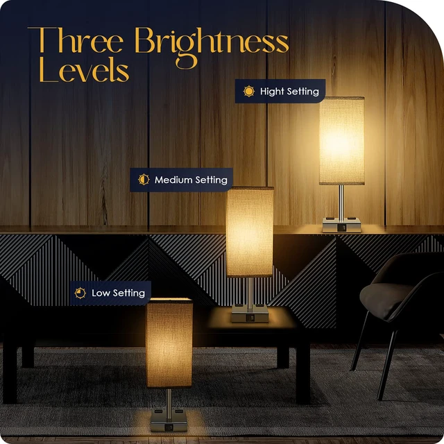 Alt view image 4 of 7 - Bedside Lamp with USB Ports - Touch Control Table Lamp for Bedroom with USB C+A Charging Ports & AC Outlets, 3 Way Dimmable Nightstand Light for Living Room (LED Bulb Included, Chrome - Grey)