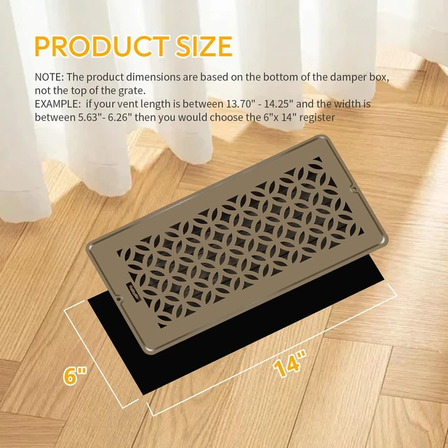 Alt view image 3 of 7 - Floor Vent Covers, Floor Register 6x14, 2 Pack Adjustable Decorative Vent Covers for Home Floor, Ceiling or Sidewall Vent with Screws, Rust-Proof Heavy Duty Walkable Steel Floor Vents (6'' X 14'')