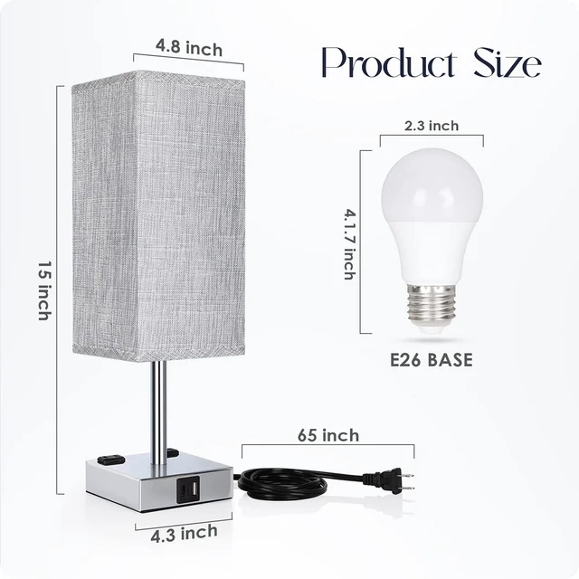 Alt view image 7 of 7 - Bedside Lamp with USB Ports - Touch Control Table Lamp for Bedroom with USB C+A Charging Ports & AC Outlets, 3 Way Dimmable Nightstand Light for Living Room (LED Bulb Included, Chrome - Grey)