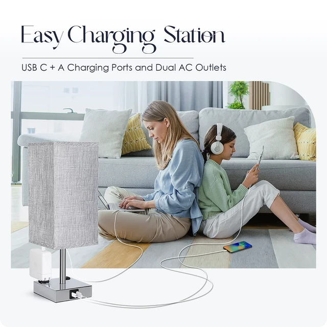 Alt view image 6 of 7 - Bedside Lamp with USB Ports - Touch Control Table Lamp for Bedroom with USB C+A Charging Ports & AC Outlets, 3 Way Dimmable Nightstand Light for Living Room (LED Bulb Included, Chrome - Grey)