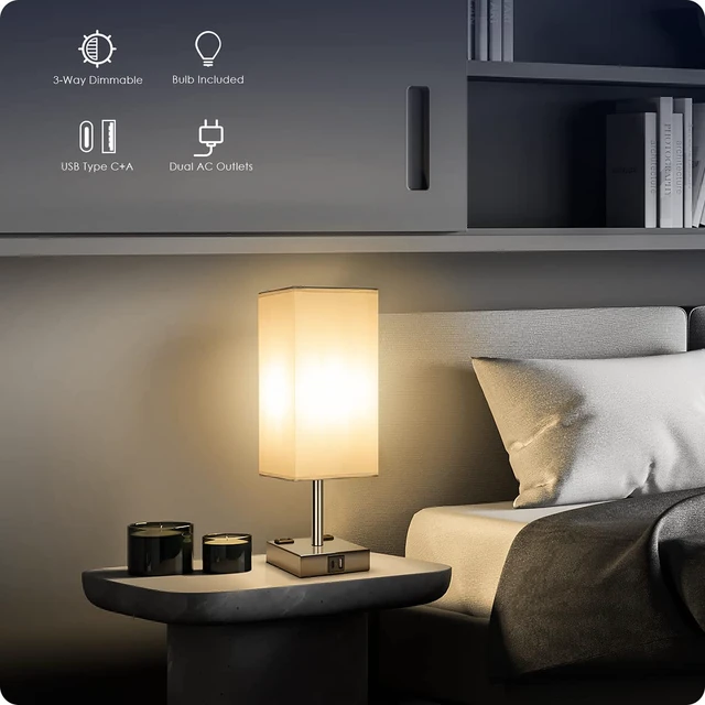 Alt view image 2 of 7 - Bedside Lamp with USB Ports - Touch Control Table Lamp for Bedroom with USB C+A Charging Ports & AC Outlets, 3 Way Dimmable Nightstand Light for Living Room (LED Bulb Included, Chrome - White)