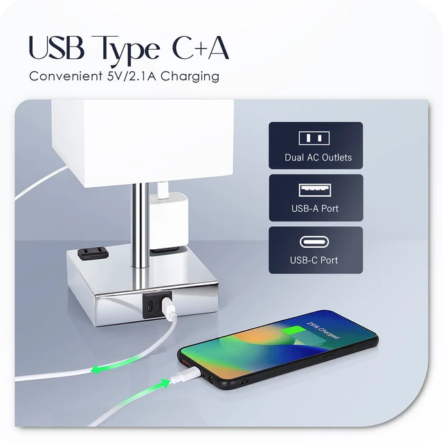 Alt view image 3 of 7 - Bedside Lamp with USB Ports - Touch Control Table Lamp for Bedroom with USB C+A Charging Ports & AC Outlets, 3 Way Dimmable Nightstand Light for Living Room (LED Bulb Included, Chrome - White)