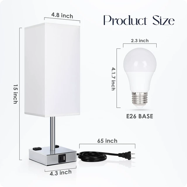 Alt view image 7 of 7 - Bedside Lamp with USB Ports - Touch Control Table Lamp for Bedroom with USB C+A Charging Ports & AC Outlets, 3 Way Dimmable Nightstand Light for Living Room (LED Bulb Included, Chrome - White)
