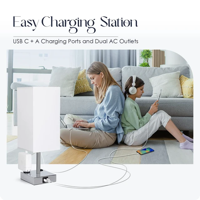 Alt view image 6 of 7 - Bedside Lamp with USB Ports - Touch Control Table Lamp for Bedroom with USB C+A Charging Ports & AC Outlets, 3 Way Dimmable Nightstand Light for Living Room (LED Bulb Included, Chrome - White)