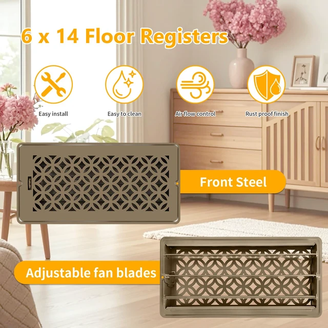 Alt view image 4 of 7 - Floor Vent Covers, Floor Register 6x14, 2 Pack Adjustable Decorative Vent Covers for Home Floor, Ceiling or Sidewall Vent with Screws, Rust-Proof Heavy Duty Walkable Steel Floor Vents (6'' X 14'')