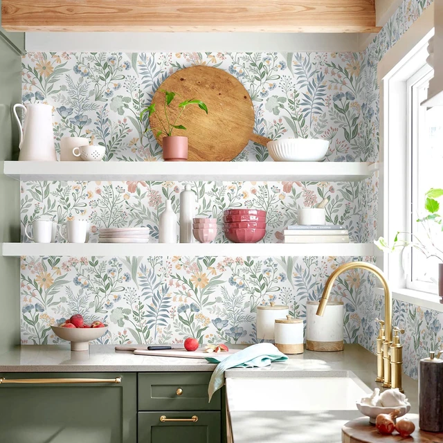 Alt view image 3 of 7 - Floral Peel and Stick Wallpaper Boho Nature Wall Paper 17.3×393 Self Adhesive Floral Contact Paper Cabinet Flower Modern Wildflower Wallpaper Removable Waterproof Wallpaper Bathroom Bedroom