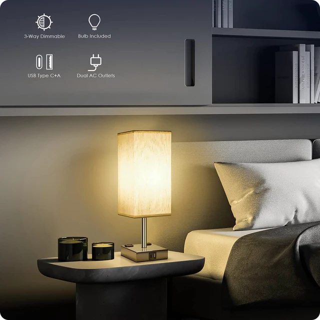 Alt view image 2 of 7 - Bedside Lamp with USB Ports - Touch Control Table Lamp for Bedroom with USB C+A Charging Ports & AC Outlets, 3 Way Dimmable Nightstand Light for Living Room (LED Bulb Included, Chrome - Flaxen)