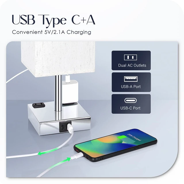 Alt view image 3 of 7 - Bedside Lamp with USB Ports - Touch Control Table Lamp for Bedroom with USB C+A Charging Ports & AC Outlets, 3 Way Dimmable Nightstand Light for Living Room (LED Bulb Included, Chrome - Flaxen)