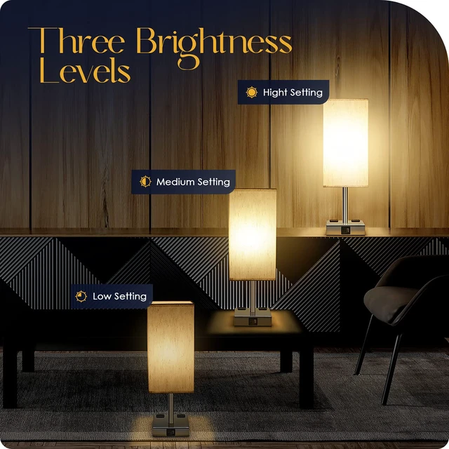 Alt view image 4 of 7 - Bedside Lamp with USB Ports - Touch Control Table Lamp for Bedroom with USB C+A Charging Ports & AC Outlets, 3 Way Dimmable Nightstand Light for Living Room (LED Bulb Included, Chrome - Flaxen)