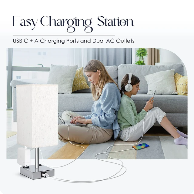 Alt view image 6 of 7 - Bedside Lamp with USB Ports - Touch Control Table Lamp for Bedroom with USB C+A Charging Ports & AC Outlets, 3 Way Dimmable Nightstand Light for Living Room (LED Bulb Included, Chrome - Flaxen)