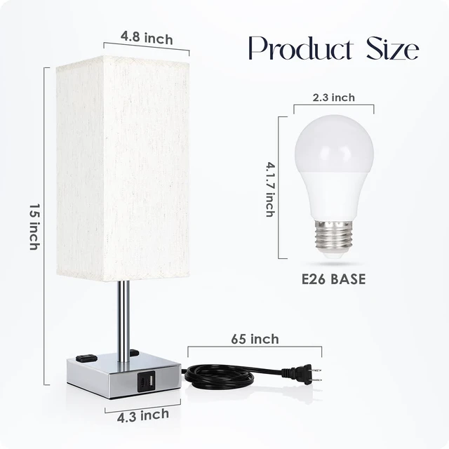 Alt view image 7 of 7 - Bedside Lamp with USB Ports - Touch Control Table Lamp for Bedroom with USB C+A Charging Ports & AC Outlets, 3 Way Dimmable Nightstand Light for Living Room (LED Bulb Included, Chrome - Flaxen)
