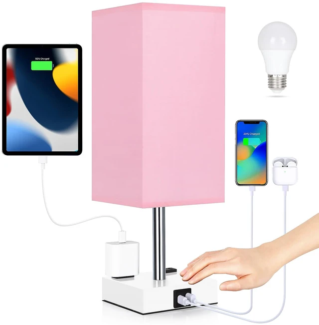 Main image of Bedside Lamp with USB Ports - Touch Control Table Lamp for Bedroom with USB C+A Charging Ports & AC Outlets, 3 Way Dimmable Nightstand Light with White Base for Living Room (LED Bulb Included, Pink)