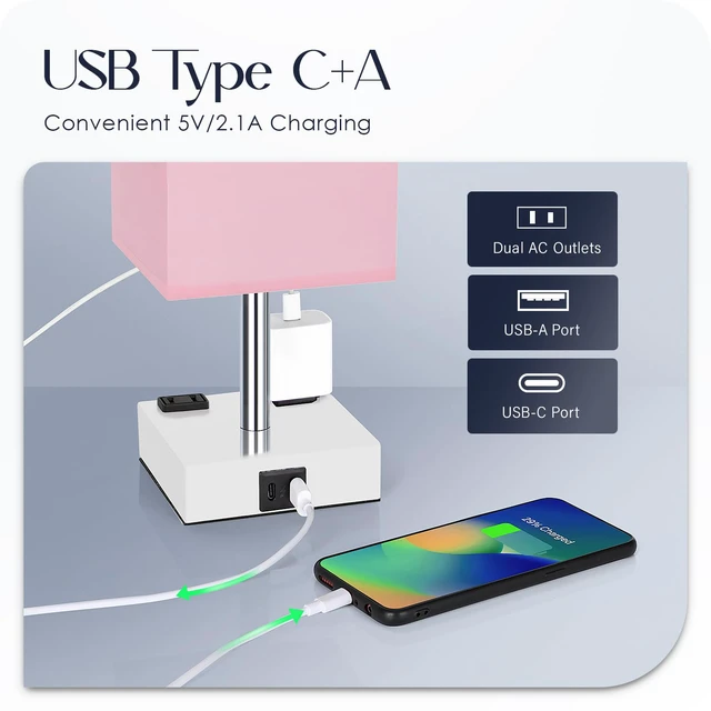 Alt view image 3 of 7 - Bedside Lamp with USB Ports - Touch Control Table Lamp for Bedroom with USB C+A Charging Ports & AC Outlets, 3 Way Dimmable Nightstand Light with White Base for Living Room (LED Bulb Included, Pink)
