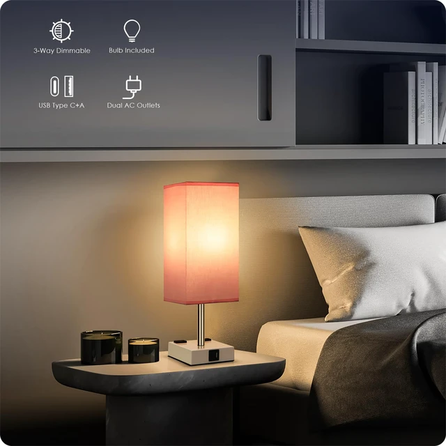 Alt view image 4 of 7 - Bedside Lamp with USB Ports - Touch Control Table Lamp for Bedroom with USB C+A Charging Ports & AC Outlets, 3 Way Dimmable Nightstand Light with White Base for Living Room (LED Bulb Included, Pink)