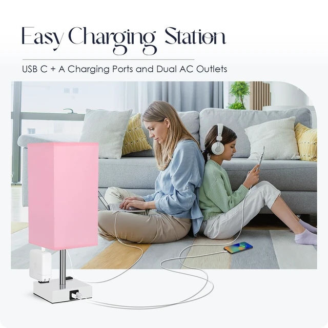 Alt view image 6 of 7 - Bedside Lamp with USB Ports - Touch Control Table Lamp for Bedroom with USB C+A Charging Ports & AC Outlets, 3 Way Dimmable Nightstand Light with White Base for Living Room (LED Bulb Included, Pink)