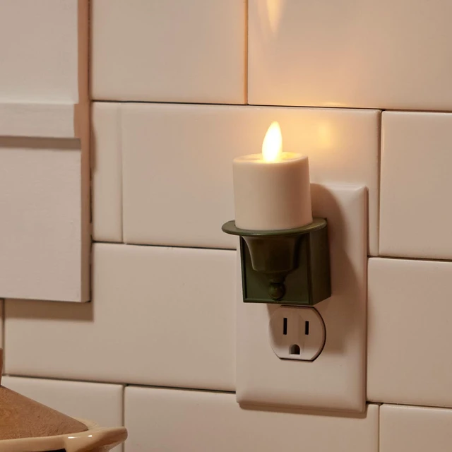 Alt view image 2 of 7 - Flameless Candle Nightlight w/Dusk to Dawn Light Dark Auto Sensor, Loden Green Wall Plug Indoor Night LED Light w/Real-Flame Effect Technology, Bathroom Bedroom Hallway, No Remote Needed