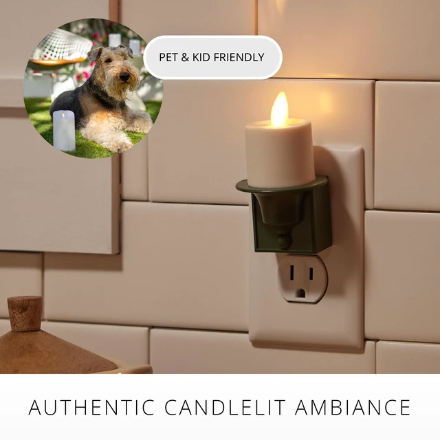 Alt view image 6 of 7 - Flameless Candle Nightlight w/Dusk to Dawn Light Dark Auto Sensor, Loden Green Wall Plug Indoor Night LED Light w/Real-Flame Effect Technology, Bathroom Bedroom Hallway, No Remote Needed