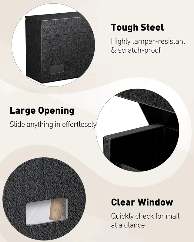 Alt view image 4 of 7 - Wall Mount Mailbox for Outside, Large Metal Mail Box for House Heavy Duty, Modern Post Box, Letters Drop Box for Outdoor Office (No Lock)